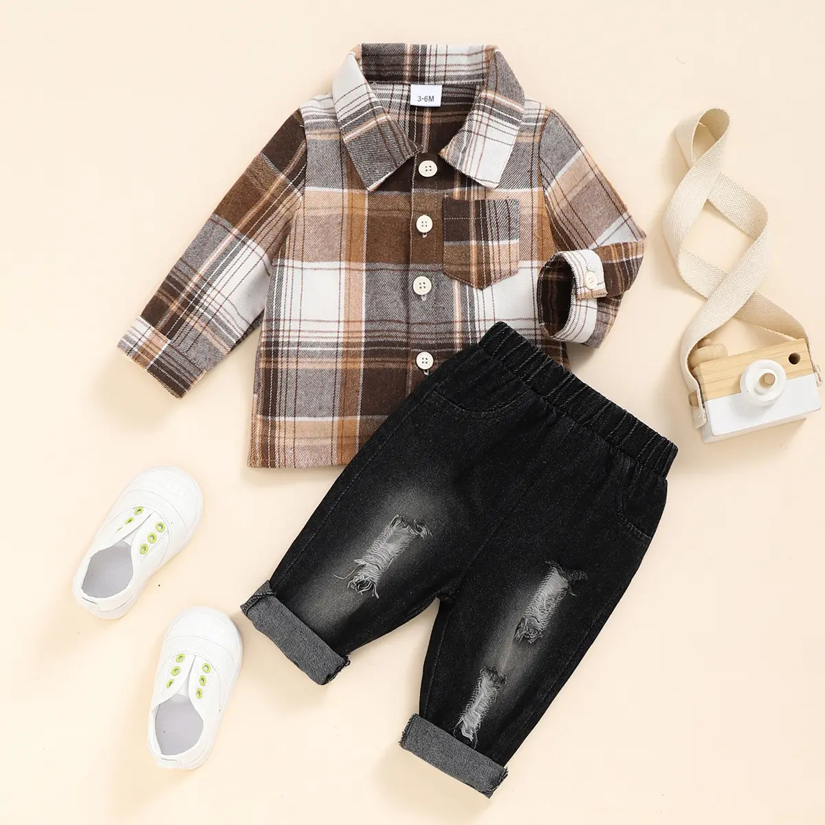 2023 boys Spring causal clothes set baby boy long sleeve plaid shirt jeans 2pcs outfit