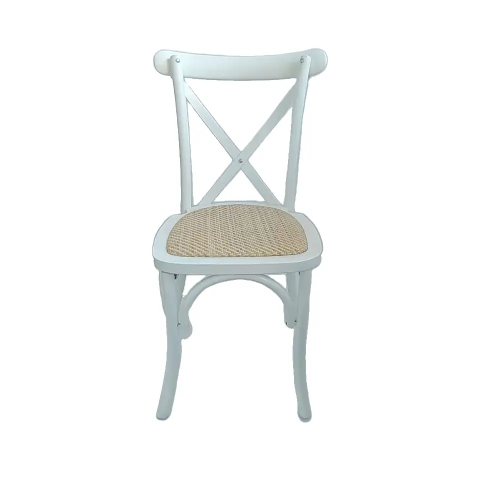 wedding events white stackable wood cross back chairs with rattan seat