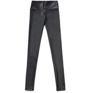 Mallas de piel sintética estirada de cintura alta para mujer, color negro, con canal de cuero de PU - Product Image 6