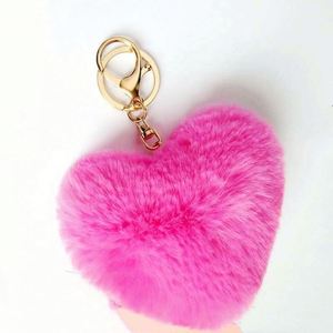 Faux Rabbit Fur Keychains Heart-Shape Plush Pom Key Chain Print <b>Keyring</b> Handbag Bag Purse for Women Promotion Gift - Product Image 1
