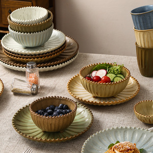 ชุดจานชามเซรามิกสไตล์เรโทร ทรงกลม สีพื้น สำหรับใช้ในโรงแรมและร้านอาหาร - Product Image 1
