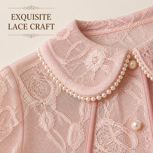 Elegante Camicetta Rosa <span class=keywords><strong>in</strong></span> <span class=keywords><strong>Pizzo</strong></span> da Donna con Colletto Peter Pan, Top Floreale Jacquard Estivo Vintage Dolce a Maniche Corte con Bordo a Contrasto - Product Image 6