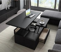 Table basse en noyer Offre Spéciale avec 4 tabourets et poufs de rangement table basse élévatrice pliante multifonctionnelle