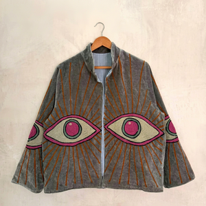 Bohemian Grey <b>Velvet</b> Embroidered Suzani <b>Jacket</b> with Evil Eye Pattern Full Sleeve Stand Collar Handmade Winter Outerwear - Product Image 1