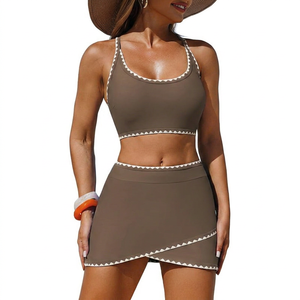 Women 2 Piece Swimwear <b>Set</b> Scoop Neck Crop Top Asymmetric <b>Skirt</b> Solid Color Contrast Binding Tankini Beachwear - Product Image 1