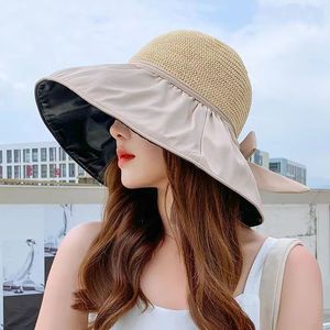 Sun Hat For Women Wide Brim Beige Breathable Sun Protection Outdoor Fishing Hat With Bow Solid Color Polyester Fabric - Product Image 4