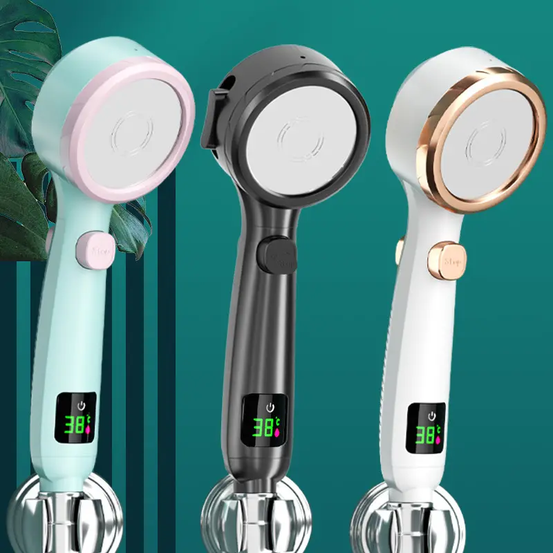 New Digital LED Display Shower Head 4 Modes Adjustable Round ABS Plastic Nozzle Water Saving Handheld Spray Showerheads