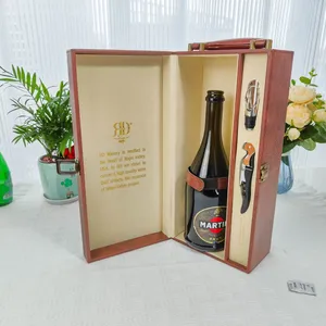 Caja de madera con cubierta de cuero PU de estilo antiguo para embalaje de botellas de vino tinto con asa