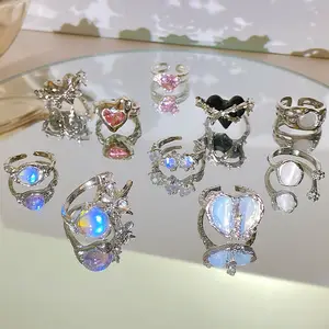 LOVE Coração Anel Aberto para As Mulheres Kpop Anel De Cristal Geométrico Moonstone Gothic Finger Ring Acessórios Y2K Trendy Wholesale Jewelry