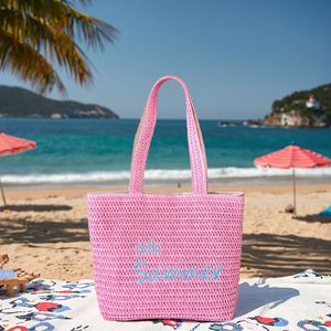 Sacs de plage brodés avec la phrase « HELLO SUMMER », sacs de plage à grande capacité, sacs de plage en paille pour les voyages en plein air - Product Image 1