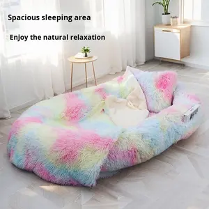 Lange Pluche Ronde Zachte Warme Sponsdoekachtige Huisdierenbed voor Winterhonden & Katten met Aangehechte Dekentje - Product Image 3