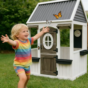 Maisonnette de jeu en bois durable pour enfants, pour l'extérieur, avec évier, cuisinière, fenêtres et cuisine. - Product Image 5