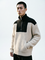 Pull zippé vintage color-block, tricot épais au design chaud, essentiel de la mode homme automne/hiver.