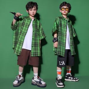 Tenues de rue pour enfants, vêtements hip-hop pour adolescents, chemise à carreaux verte surdimensionnée, shorts cargo pour fille et garçon, <span class=keywords><strong>costume</strong></span> de danse jazz - Product Image 3