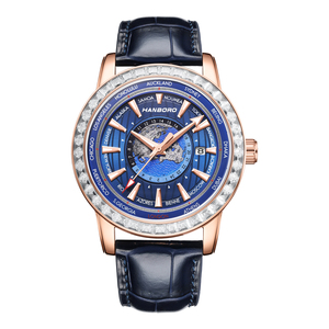 Montre de luxe pour homme, World Time GMT, boîtier en or rose, <span class=keywords><strong>lunette</strong></span> sertie de diamants, bracelet en cuir de 20 mm, aiguille, 24 fuseaux horaires, montre bleue de style business - Product Image 2
