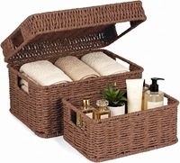 Panier de rangement en osier tressé avec couvercle, boîte de rangement rectangulaire décorative avec couvercle pour étagère, salon, chambre d'enfant