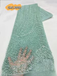 قماش دانتيل فرنسي فاخر عالي الجودة مصنوع يدويًا من الخرز الثقيل أقمشة دانتيل متسلسل للعرائس دانتيل زفاف أبيض - Product Image 4