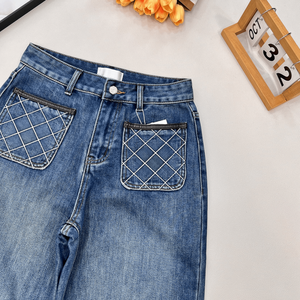 Jeans de Cintura Alta y Pierna Ancha con Detalle de Bolsillo con Costuras de Diamantes para Uso Diario Informal - Product Image 6