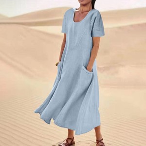 Vestido Casual Largo de Algodón y Lino de Color Liso con Manga Corta <span class=keywords><strong>para</strong></span> Mujer JAC22 M4274 - Product Image 2