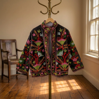 Blouson Bomber Bohème en Velours Tricoté Matelassé Brodé Floral à Manches Longues pour Femme – Style Prairie Chic en Coton pour l'Automne