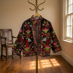 Blouson Bomber Bohème en Velours Brodé Floral, Col Mandarin, Manches Longues, Style Prairie Chic pour Femme, en Coton avec Lettres, Collection Automne - Product Image 3
