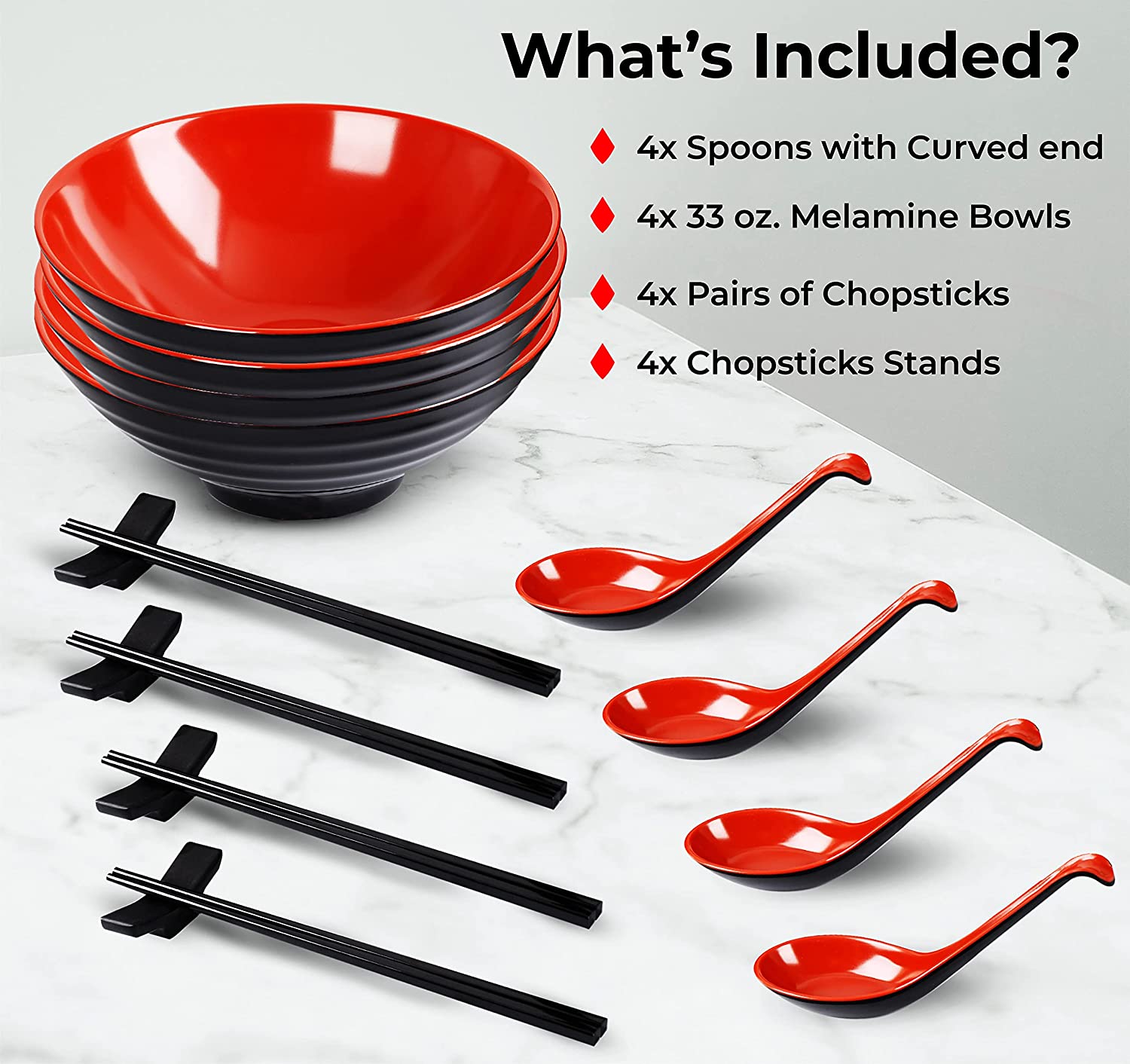 Kitchen 16 PC Restaurant Quality 33oz. Large Melamine Ramen Bowls and Spoons Set Complete Dinnerware Set