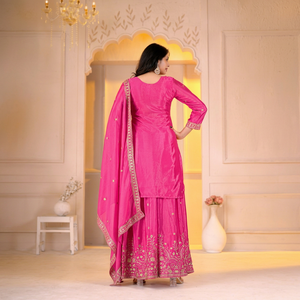 Custom <b>Women</b> Rani Pink Silk Straight <b>Kurta</b> Heavy Thread Gold Zari Yoke Work Salwar Kameez - Product Image 1