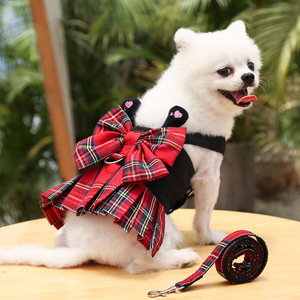 <b>Pet</b> <b>Harness</b> With Plaid Skirt And Bow For Small Medium Dogs Cats Adjustable Comfortable Durable Chest Strap Walking Clothes - Product Image 3