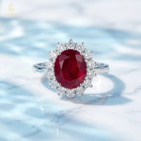 Bague Halo de Luxe en Moissanite Rouge Rubis Taille Ovale, Hypoallergénique, en Argent Fin, pour Soirée