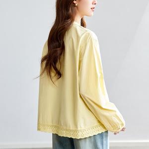 <span class=keywords><strong>Camicia</strong></span> Giallo Cotone da Donna a Maniche Lunghe Estiva Nuova con <span class=keywords><strong>Colletto</strong></span> in <span class=keywords><strong>Pizzo</strong></span>, Vestibilità Ampia e Effetto Snellente - Product Image 4