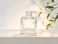 Flacon diffuseur de parfum carré de luxe de 50 ml, disponible en transparent et ambre, avec bouchons et bouchons intérieurs dorés et argentés.