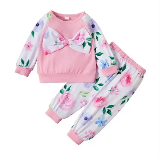 Pakaian bayi perempuan, baju katun merah muda, celana Motif bunga musim gugur dan musim dingin, set pakaian anak-anak