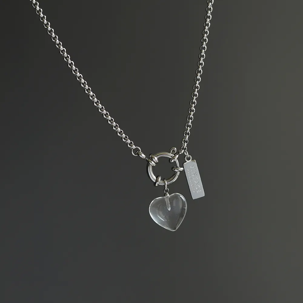 Heavy Industry silver medal all-match Korean glass clear crystal heart love charms necklace choker chains stainless steel jewel