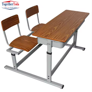 Ensemble chaise et bureau double réglable en hauteur avec rangement sous le bureau en bois pour salles de classe et centres de formation - Product Image 1