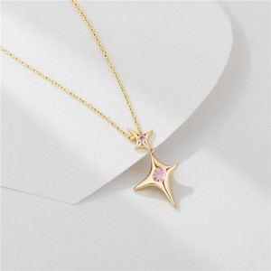 Collar con colgante de estrella de cuatro puntas de circonita rosa tallada redonda en plata de ley S925 y oro de 14k, versión de cobre personalizable para mujer - Product Image 5