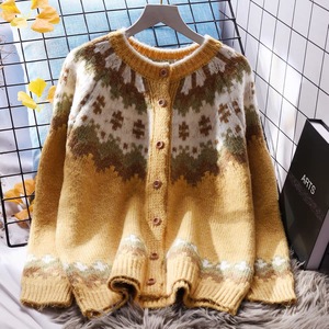 Women's Round Neck <b>Cardigan</b> <b>Sweater</b> Loose Fit Jacquard Knit Vintage Style Autumn Wear Anti Pilling Wool Top - Product Image 1