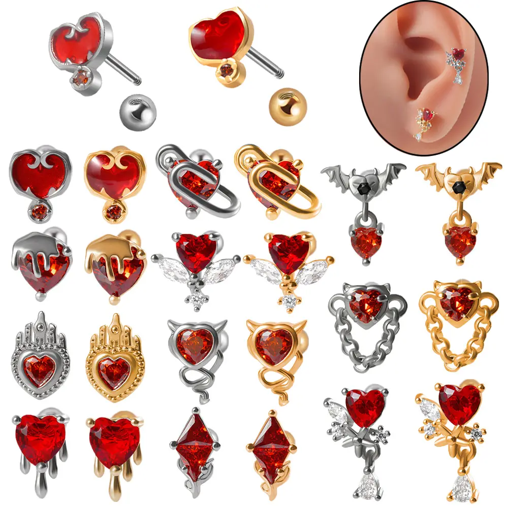 YICAI-pendientes de acero quirúrgico para mujer, aretes con forma de corazón rojo, circonita cúbica, para cartílago, Tragus y corazón