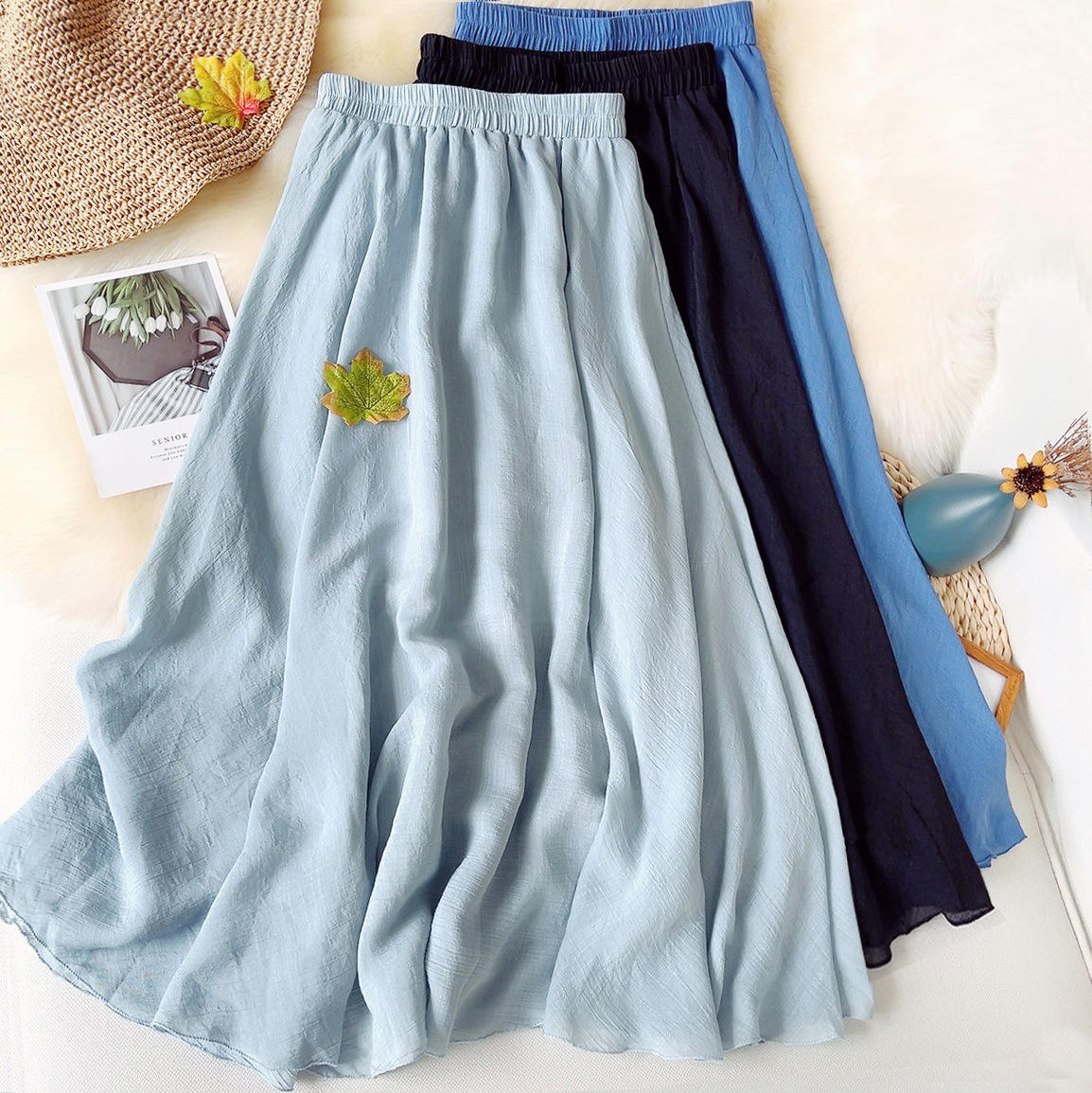 Women Elastic High Waist Pleated Flared Long Skirt Cotton and Linen Solid  Color Long Midi Skirt