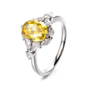 Factory Wholesale Fine Jewelry Glam Designer Rhodium Plated 925 Sterling Silver Oval Yellow 5A Zircon Cocktail Ring For Women