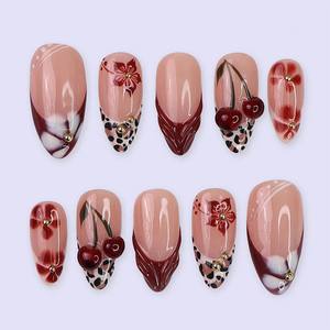 TSZS Ongles artificiels en forme d'amande avec motif léopard 3D de luxe, <span class=keywords><strong>rouge</strong></span> moyen, fleurs, <span class=keywords><strong>faux</strong></span> ongles, 30 pièces/ensemble, réutilisables - Product Image 1