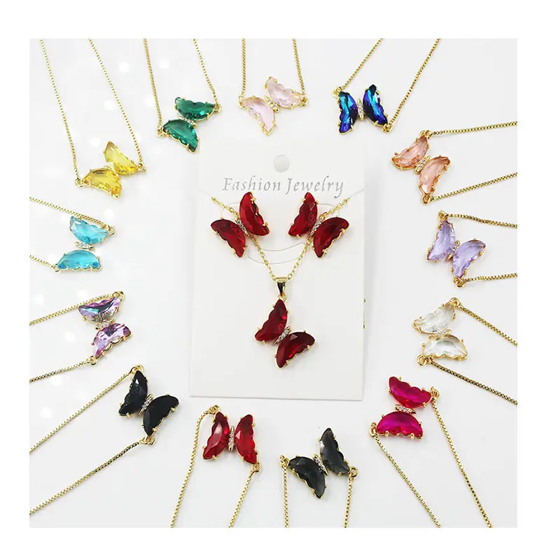 BMZ New Arrivals good quality crystal jewelry sets necklace butterflies 17 colors earring butterfly necklace set