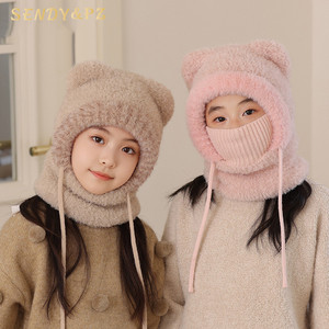 Hiver Extérieur Oreilles d'Ours Mignonnes Bonnet Tricoté Chaud pour Enfants Couleur Solide Bonnets en Peluche Echarpe de Masque 3 en 1 <span class=keywords><strong>Cagoule</strong></span> - Product Image 1