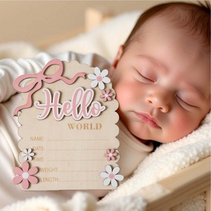 Novelty Party Baby Shower &amp; Photo Shoot Hello World Wooden pink Baby <strong>Birth</strong> Announcement Card Personalized Newborn Milestone Sign - Product Image 1