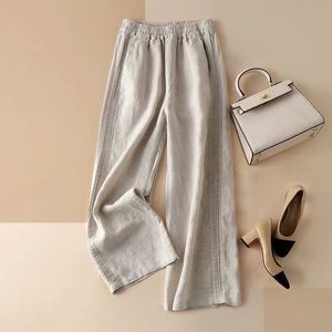Women's Cotton Linen Wide Leg Pants High Waist Loose Fit Breathable Casual Pants White Medium Thickness Micro <b>Elasticity</b> - Product Image 2