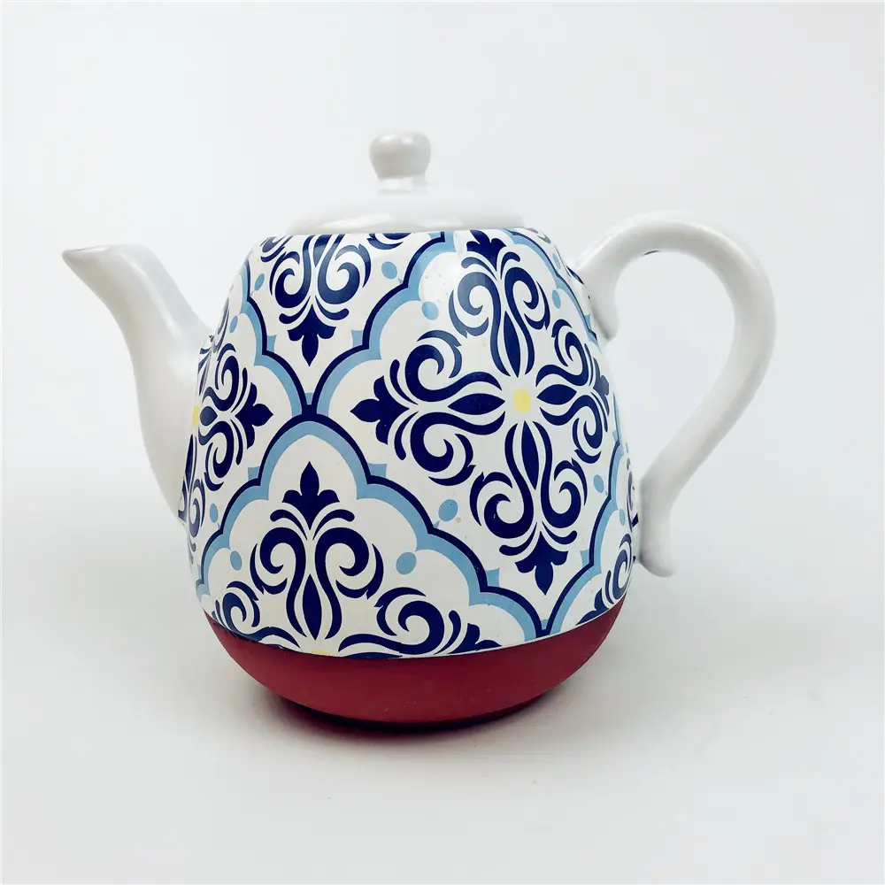 Bule Decal and White Glaze Ceramic Teapot of Clay Tea Pot Set