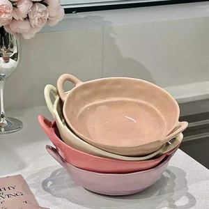 Bol en céramique irrégulier moulé à la main à double anse, bol à soupe tendance de haute valeur, bol à salade de fruits domestique, instantané - Product Image 4