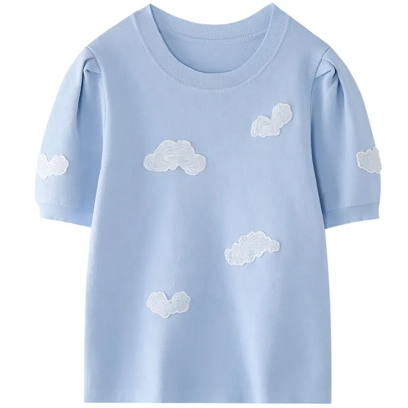 French Style Cloud Embroidery T-Shirt Sweet All-Matching Slimming Puff Sleeve Pullover Knitted Top