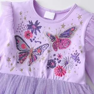 Nuevo producto explosión de manga larga lentejuelas mariposa vestidos niñas tutú vestidos para niñas niños
