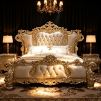 Lit en bois de luxe haut de gamme, classique victorien, avec tête de lit incurvée, pieds en forme de boule, en similicuir de chêne, robuste, pour chambre principale de penthouse