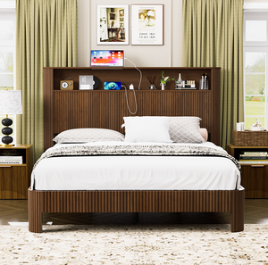 Modern Solid Wood Adjustable Convertible Tufted Espresso Queen Platform Bed Fabric Upholstered <b>Headboard</b> Storage Drawers - Product Image 4